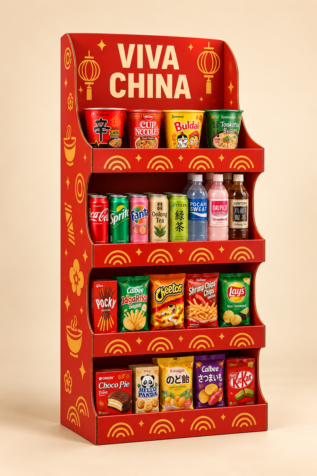 Propuesta renovada del exhibidor rojo VivaChina con snacks, ramen y bebidas asiáticas